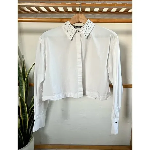 Zara Cropped White Embellished Collar Button Front Top - Picture 8 of 8